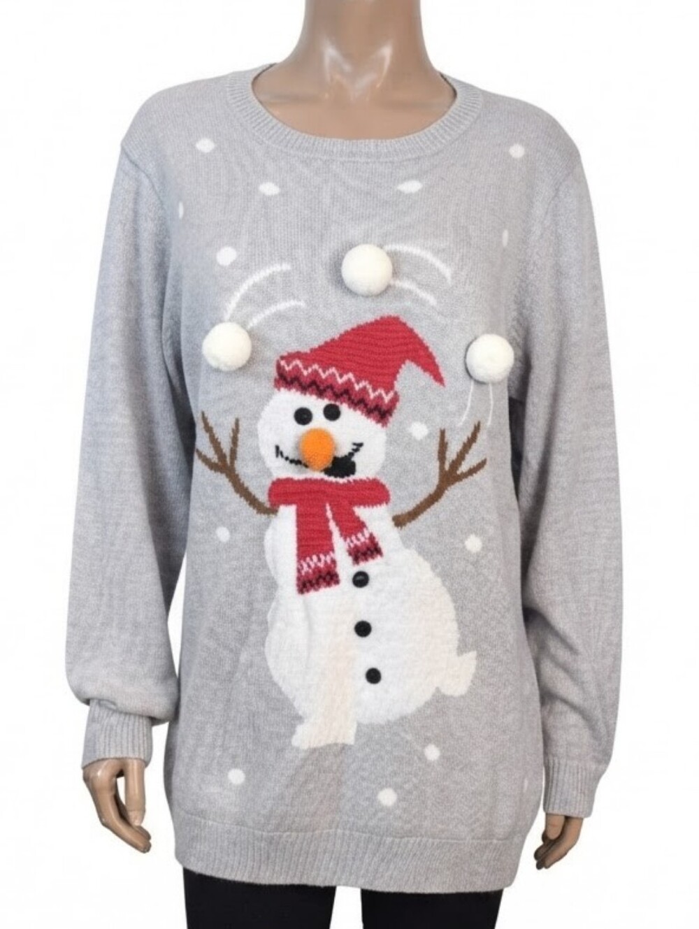 Ugly Christmas Sweater 3D Juggling Snowman Grey Womens Size 1X Holiday Knit